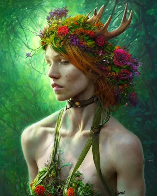 Prompt: muscular female druid swathed in flowers, perfect face, thin antlers, green halter top, ginger hair, abs, cinematic, freckles, stunning, athletic, strong, agile, highly detailed, psychedelic, digital painting, artstation, smooth, hard focus, illustration, art by jessica rossier and and brian froud