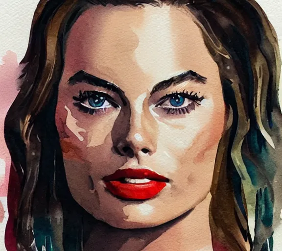 Prompt: A portrait of margot robbie made out of watercolor, trending on artstation