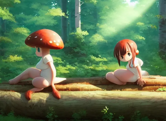 Image similar to a small, cute and chubby mushroom creature, she's sitting on a log in an aspen forest, atmospheric lighting, sun rays through the trees, by makoto shinkai and krenz cushart