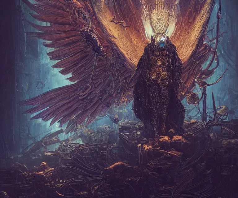 Image similar to a beautiful tarot card artwork of a cyberpunk fallen dark seraphim, horror, backlit, gloomy sky, highly detailed, digital painting, intricate golden threads, by eddie mendoza and greg rutkowski and dan mumford and artgerm, vivid colors, detailed shading, 8 k resolution, intricate, smooth