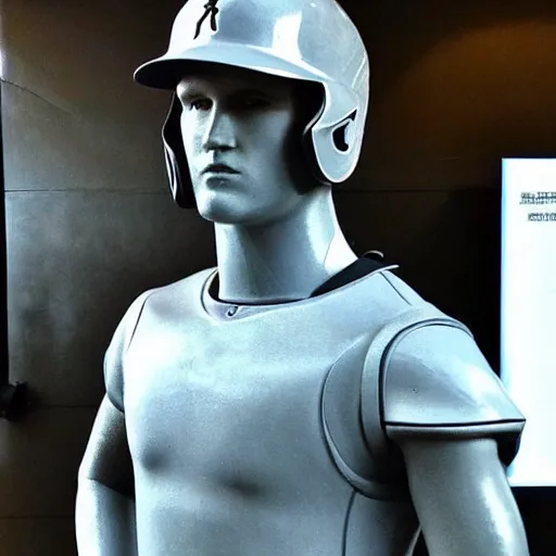 Image similar to “a realistic detailed photo of a guy who is an attractive humanoid who is half robot and half humanoid, who is a male android, baseball player Mike Trout, shiny skin, posing like a statue, blank stare, on the baseball field, on display”