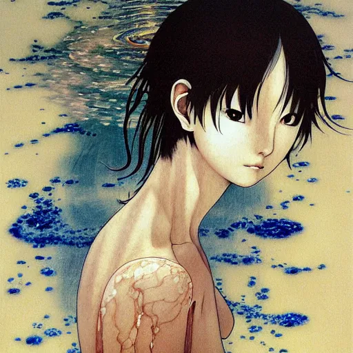 Image similar to prompt: Fragile looking vessel portrait face drawn by Katsuhiro Otomo, nymph in the water performing alchemy, intricate oil painting, soft dark light, intricate detail, intricate oil painting detail, sharp high detail, manga and anime 2000