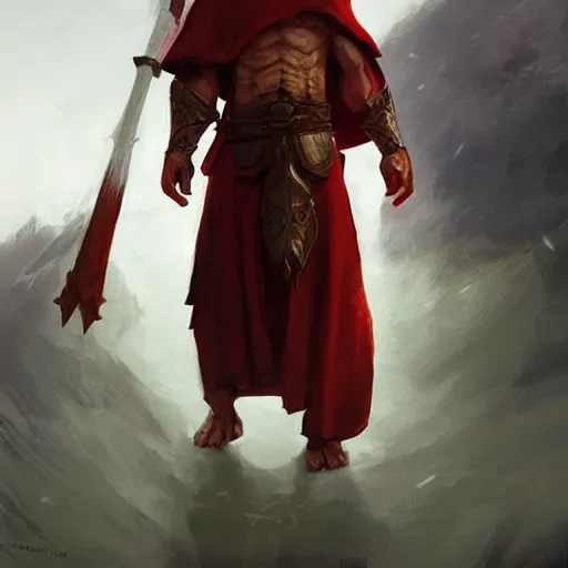 Image similar to a portrait of a red - skinned dragonborn monk with draconic face, in a plain white monk's robe white robe, holding a long spear with a black tip, fantasy art by greg rutkowski