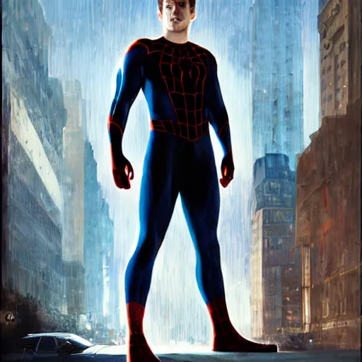 Image similar to ryan reynolds as spider - man, wearing a black and blue suit, cinematic, volumetric lighting, f 8 aperture, cinematic eastman 5 3 8 4 film, photorealistic by greg rutkowski, by stanley artgerm, by alphonse mucha