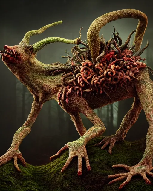 Image similar to a extremely disturbing horror photograph of a fantasy creature made out of nature and fungus, intricate, hyperrealism, sharp focus, cinematography, highly detailed, octane render, horror cgi 4 k, matte, photograph by professional photographer