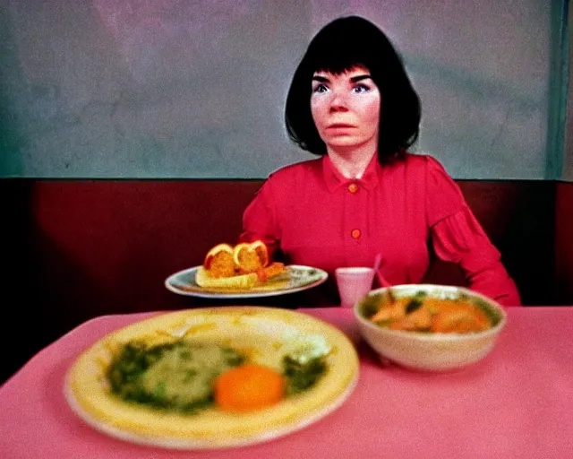 Image similar to 1 9 7 9 a soviet movie still a bjork woman sitting at a table with a plate of food in dark warm light, a character portrait by bjork, featured on cg society, neo - fauvism, movie still, 8 k, fauvism, cinestill, bokeh, gelios lens