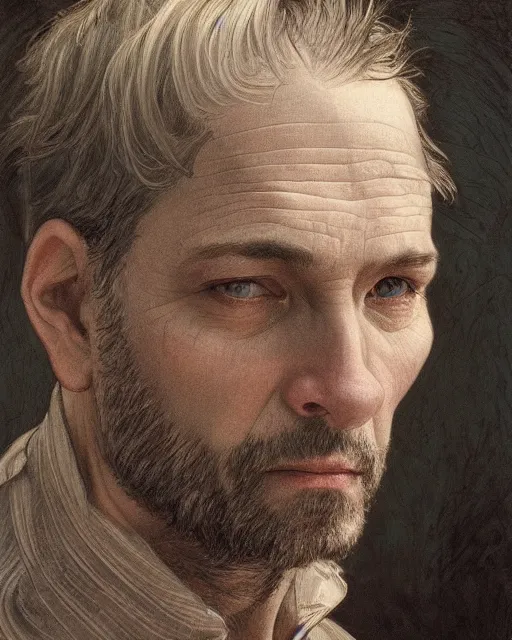 Prompt: portrait of 4 0 - year - old man, with a pale face with premature lines, and light brown hair going grey, wearing in shirt, hyper realistic face, beautiful eyes, fantasy art, in the style of greg rutkowski, intricate, alphonse mucha, hyper detailed, smooth