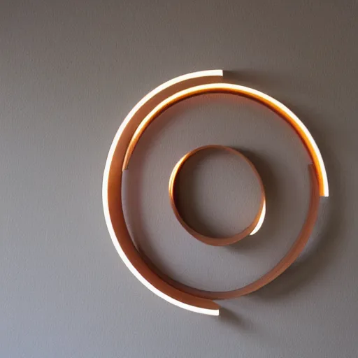 Image similar to circle shaped sculpture, curves, wood, lights