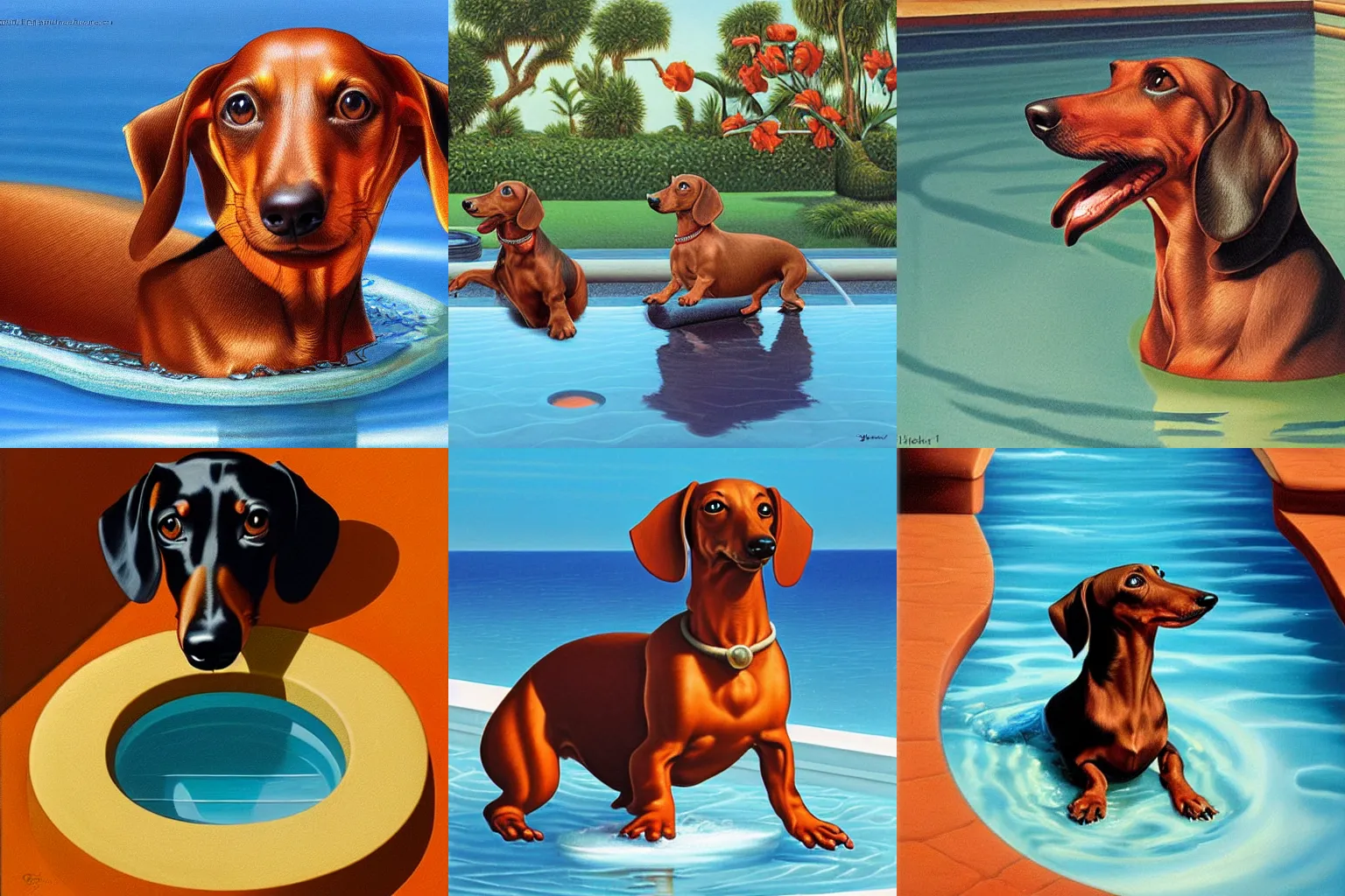 Prompt: dachshund looking into a pool of water by Greg Hildebrandt