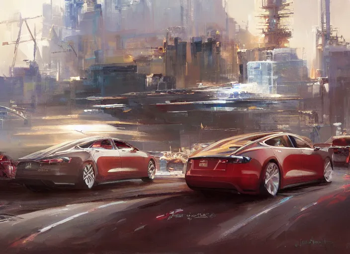 Image similar to Tesla Company, concept art oil painting by Jama Jurabaev and John Berkey, extremely detailed, brush hard, artstation