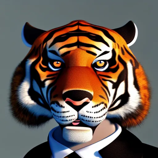 Image similar to portrait of an anthropomorphic tiger in a black suit, ultra detail, ultra realistic, soft fur, ssao 8 k