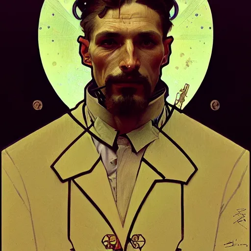 Prompt: portrait of a vicotrian engineer man in suit by alphonse mucha, simon stalenhag and darek zabrocki, cinematic and atmospheric, concept art, artstation, trending on artstation