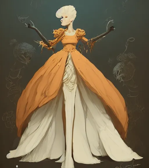 Image similar to portrait of a baroque dress design inspired by pumpkin from fantasy world for queen by atey ghailan, by greg rutkowski, by greg tocchini, by james gilleard, by joe fenton, by kaethe butcher, dynamic lighting, gradient light blue, brown, blonde cream and white color scheme, grunge aesthetic