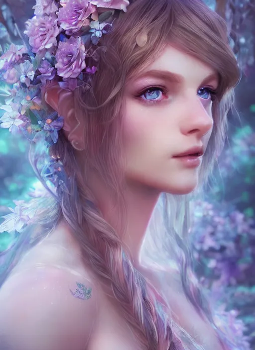 Image similar to portrait of a gorgeous fairy princess of the forest, perfect blue eyes, detailed iridescent floral pattern skin, ultra realistic, cinematic lighting, depth of field, artstation, artgerm, NeoArtCorE