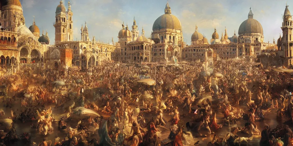 Image similar to Renaissance Venice in summer, fantasy, festivities, dancing people in the crowd, Matte Painting, evening, Craig Mullins