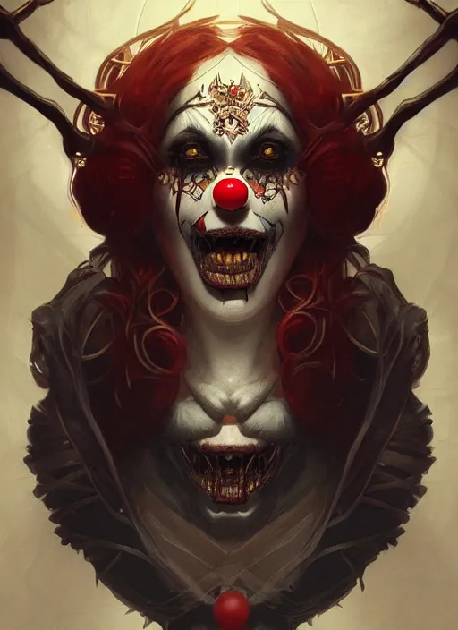 Image similar to symmetry!! portrait of giant clown monster, gothic, dark, intricate, elegant, highly detailed, digital painting, artstation, concept art, smooth, sharp focus, illustration, art by artgerm and greg rutkowski and alphonse mucha