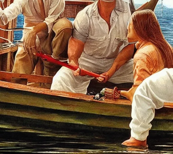 Image similar to Tom hanks as forrest gump fishing for shrimp in a giant shrimp boat, realistic face, renaissance painting, amazing detail