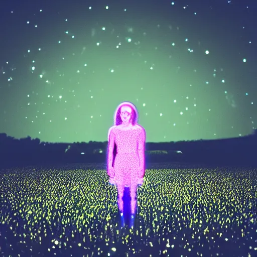 Image similar to a woman standing on steps in a field at night, a hologram by kusama, instagram, optical illusion, full body, ultra hd, neon