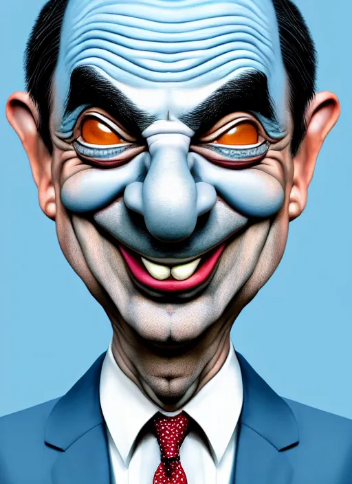 Prompt: highly detailed caricature portrait of mr bean with clown makeup by ross tran, by greg rutkowski, brush strokes, 4 k resolution, light blue pastel background