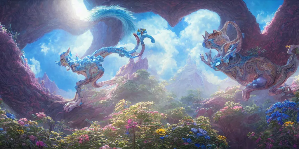 Image similar to A realistic painting of The Creation Cat and its Palace on blue flowers, in the style of Krenz Cushart, Moebius, and Muchain, Prismatic, Rococo, highly detailed, masterpiece, dreamy, award-winning, sharp focus, concept art, Cinema lighting, 8k, trending on artstation