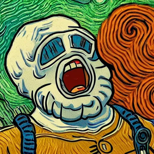 Image similar to portrait of a giant shouting ( ( stay puft marshmallow man ) ) in the style of vincent van gogh intricate detail, low angle, blockbuster ghostbusters movie