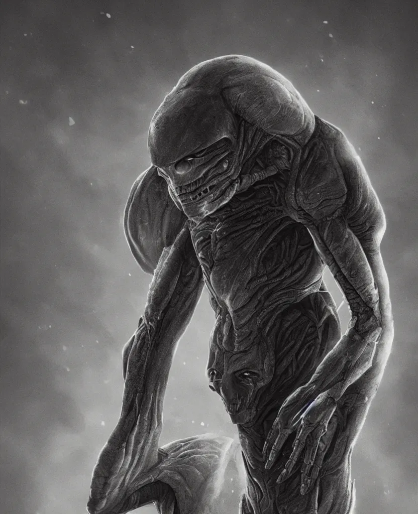Prompt: a portrait of humanoid alien with a heroic pose, dramatic rim lighting