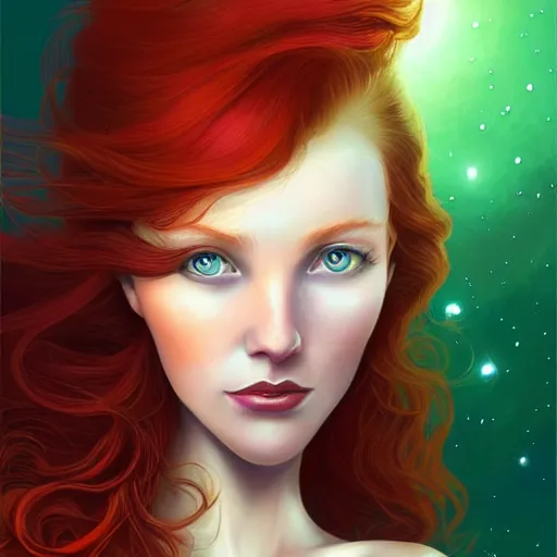 Prompt: Redhead Pleiadian alien human beautiful hybrid feminine woman, long gorgeous red hair in loose curls, with stunning green eyes, cute round face and a roundish nose, as a retro futuristic heroine, gorgeous digital painting, artstation, concept art, smooth, sharp focus, illustration, art by artgerm and donato giancola and Joseph Christian Leyendecker, Ross Tran, WLOP