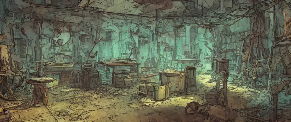 Image similar to abandoned laboroatory from early xx century faded out colors place mosquet painting digital illustration hdr stylized digital illustration video game icon global illumination ray tracing advanced technology that looks like it is from borderlands and by feng zhu and loish and laurie greasley, victo ngai, andreas rocha, john harris