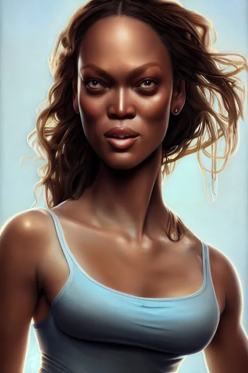 Image similar to pregnant tyra banks in a tank top, realistic portrait, symmetrical, highly detailed, digital painting, artstation, concept art, smooth, sharp focus, illustration, cinematic lighting, art by artgerm and greg rutkowski and alphonse mucha