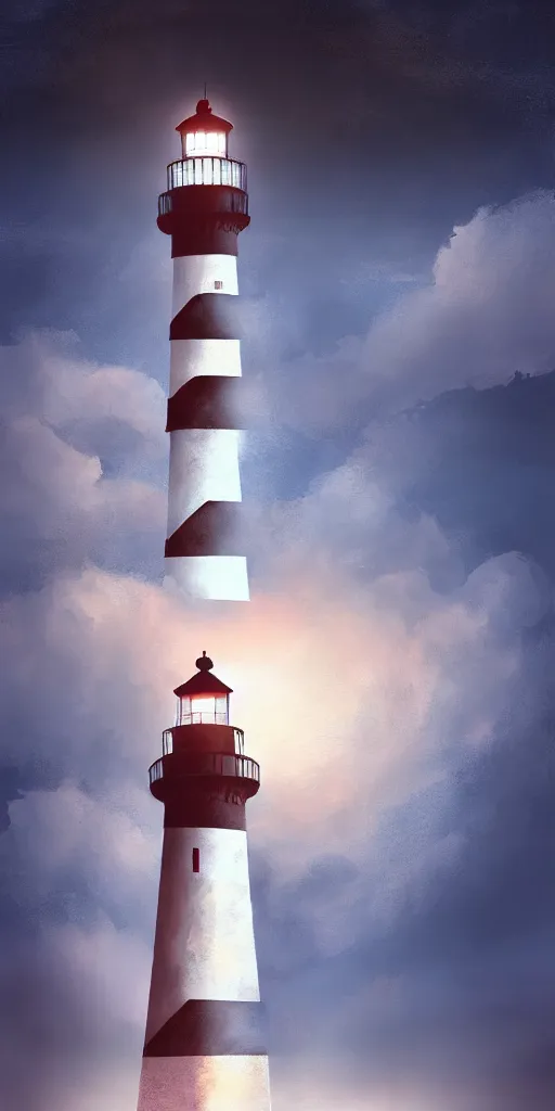 Image similar to a very very very tall, lighthouse, with searchlight godrays, volumetric light, moon, clouds, full height of the frame, artstation, digital art, expressive painting, moody paintbrush