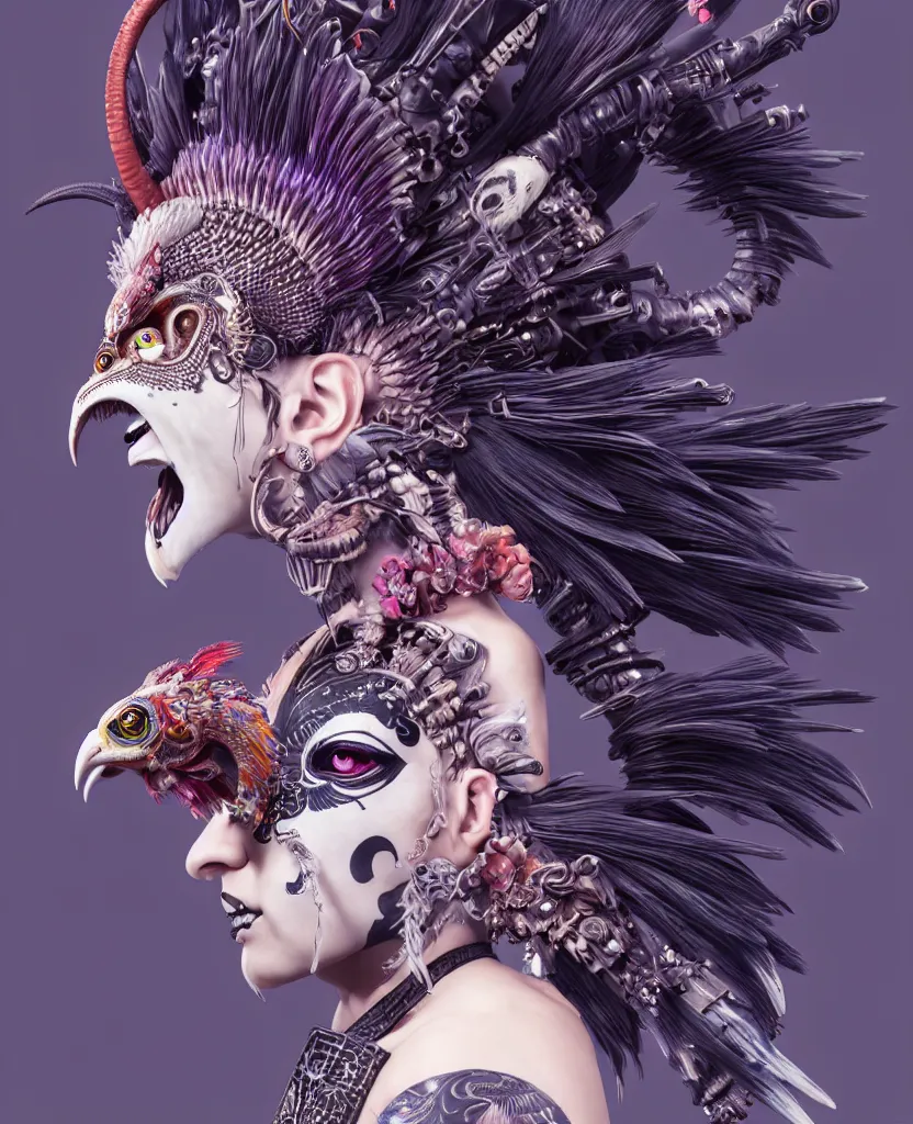 Image similar to 3 d goddess close - up profile portrait punk with mohawk with ram skull. beautiful intricately detailed japanese crow kitsune mask and clasical japanese kimono. betta fish, jellyfish phoenix, bio luminescent, plasma, ice, water, wind, creature, artwork by tooth wu and wlop and beeple and greg rutkowski