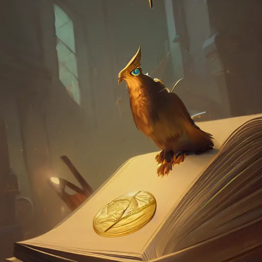 Image similar to a mysterious book with a golden quill on the, by roman shipunov, etienne hebinger, atey ghailan, cgsociety, cynical realism, fantasy art, 2 d game art