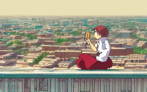 Prompt: a girl sitting on the roof of a building eating a sandwich, zoomed out, wide shot, far away, art by hayao miyazaki, studio ghibli film, hi res, 4k, high detail