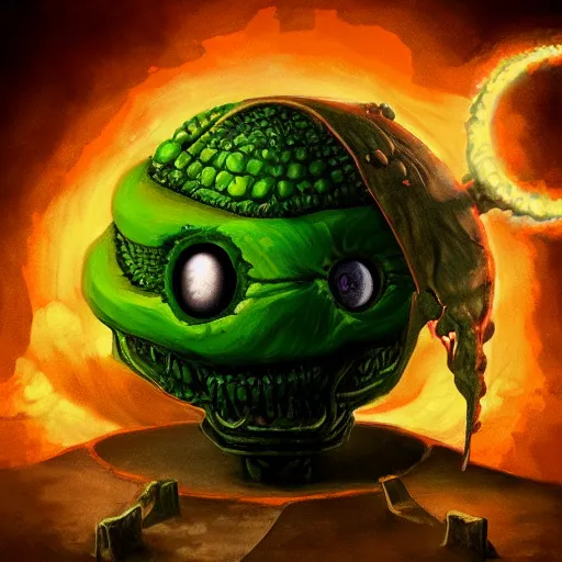 Image similar to a big one - eyed bumpy wrinkly ball sphere green pea, with boney arms and a single yellow eye of sauron, lovecraft, trending on artstation, 4 k, video game art, oil painting