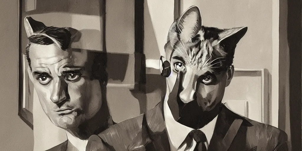 Prompt: detective cat who looks like cary grant is drinking whyskey at his office, 3 d scene, zenith view, warm color palette, night time, dramatic lighting, noir film, fine details, high contrast, blacksad, juan diaz canales, juanjo guarnido, greg rutkowski, trending on artstation, 8 k, ultra wide angle