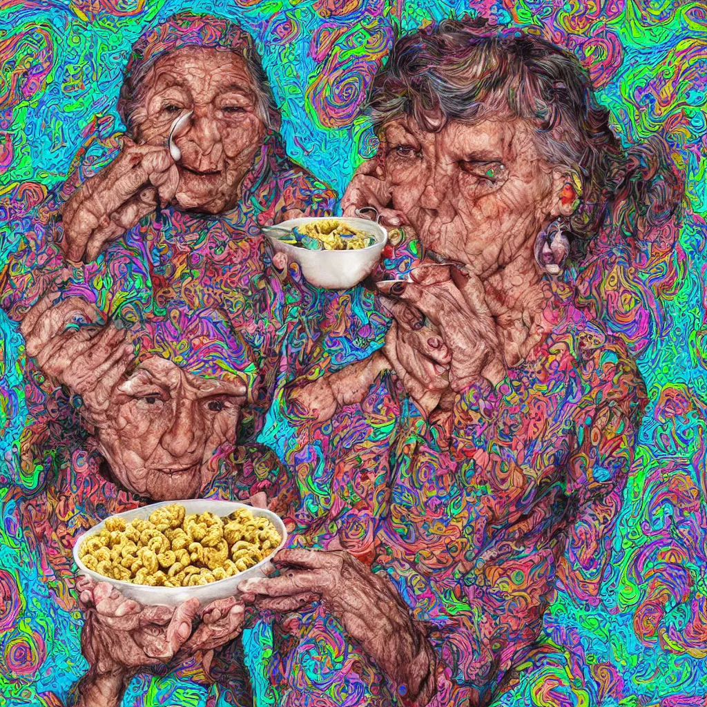 Prompt: grandma eating a bowl of cereal made of eyes, salviadroid, 4 k, digital art, hyperrealism, psychedelic