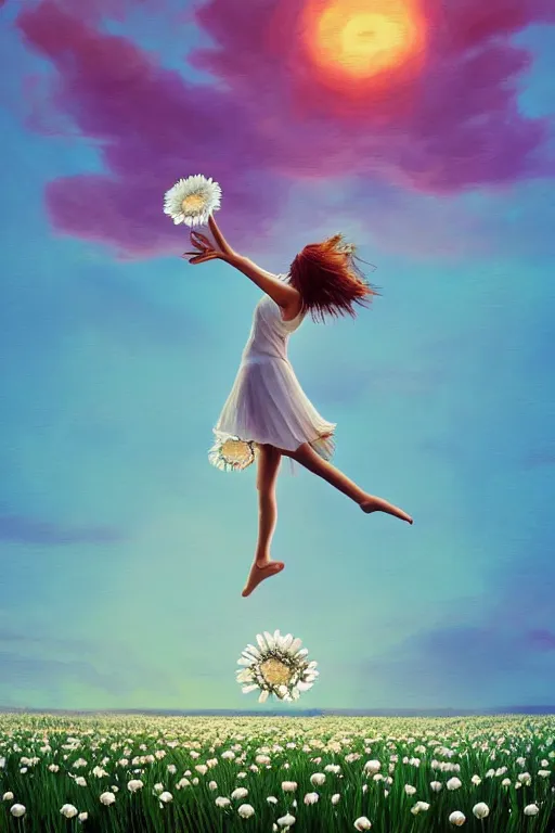 Image similar to giant white daisy flower as head, girl dancing in a flower field, surreal photography, sunrise, dramatic light, impressionist painting, colorful clouds, digital painting, artstation, simon stalenhag