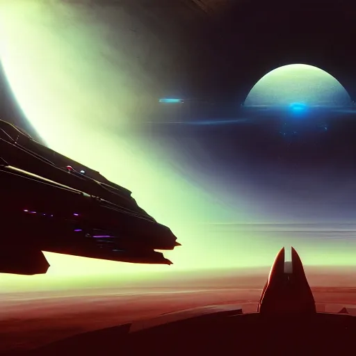 Image similar to Exploration of mysterious, dark alien world, cinematic angle, cinematic lighting, blue sky, by Syd Mead, John Harris, Federico Pelat, Star Citizen, Battlestar Galactica