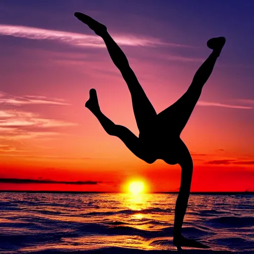 Image similar to silhouette of a dancer on the beach, sunset, photorealistic hd