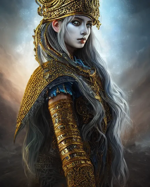 Prompt: highly detailed sharp photorealistic portrait of a beautiful female priestess with shimmering hair, symmetrical face and eyes, dressed in intricate silk, lined with golden glowing georgian words, cgsociety, Elden Ring, Dark Souls, Bloodborne