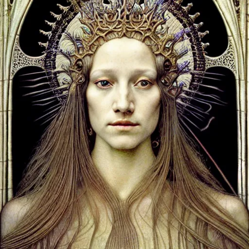 Prompt: detailed realistic beautiful young medieval queen face portrait by jean delville, iris van herpen and marco mazzoni, art forms of nature by ernst haeckel, art nouveau, symbolist, visionary, gothic, pre - raphaelite