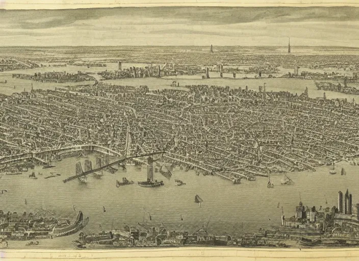 Prompt: detail from Hollar’s Panoramic view of New York City, 1647