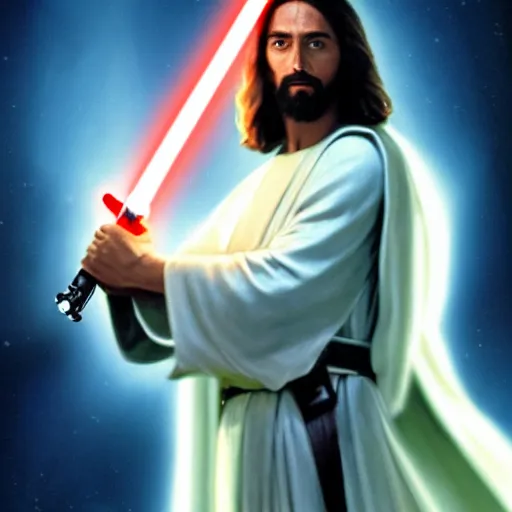 Image similar to jesus christ holding a lightsaber in star wars, 4 k, high resolution, still, landscape, hd, dslr, hyper realistic