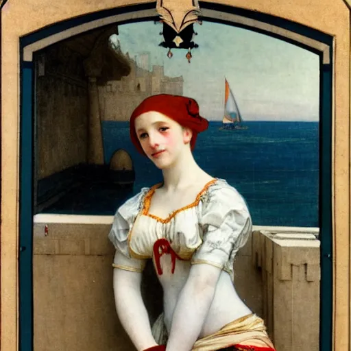 Image similar to A jester girl behind the beach castle balustrade, sail boat on the background, major arcana clothes, by paul delaroche, alphonse mucha and arnold böcklin arnold böcklin hyperrealistic 8k, very detailed