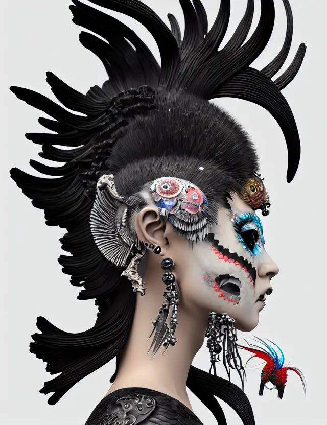 Image similar to 3 d goddess close - up profile simple portrait punk with mohawk with ram skull. beautiful intricately detailed japanese crow kitsune mask and clasical japanese kimono. betta fish, jellyfish phoenix, bio luminescent, plasma, ice, water, wind, creature, artwork by tooth wu and wlop and beeple and greg rutkowski