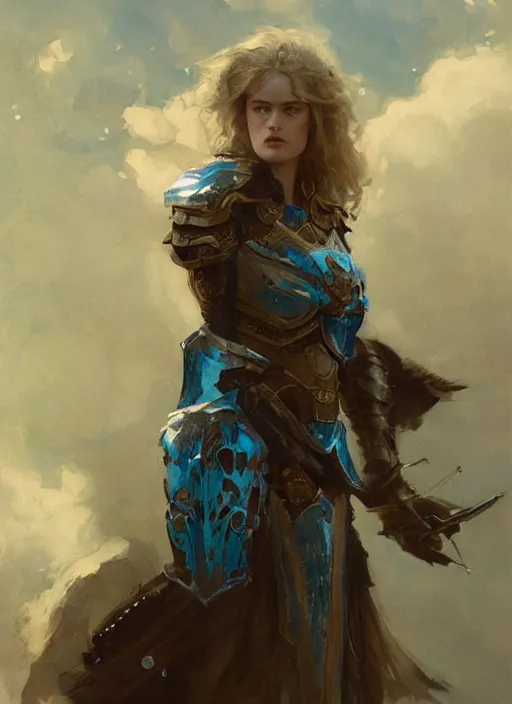 Image similar to mackenzie davis blue eyed, femenine woman, wearing armour, detailed by gaston bussiere, bayard wu, greg rutkowski, maxim verehin, greg rutkowski, masterpiece, sharp focus, cinematic lightning