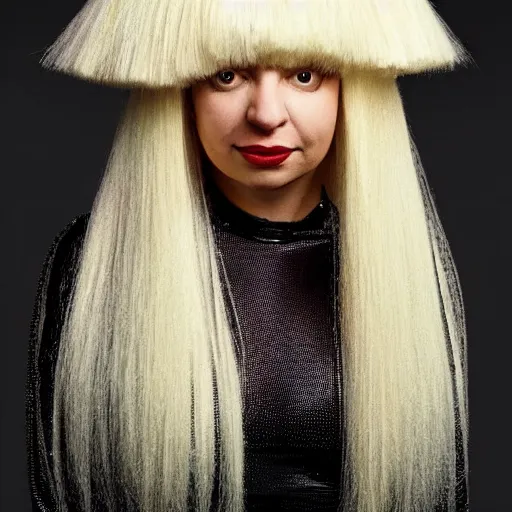 Image similar to Sia furler photoshoot wearing a leotard full body puffy sia wig