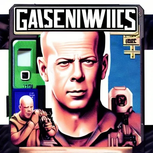 Prompt: box art for a gameboy game that just loads a picture of bruce willis's face. no other gameplay features.