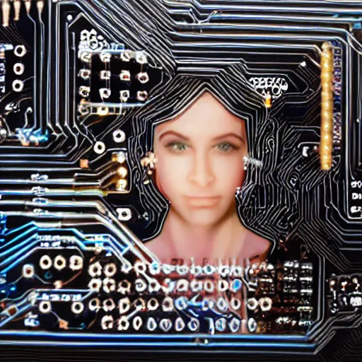 Image similar to the ethereal queen of technology bestows the gift of circuits to humanity.