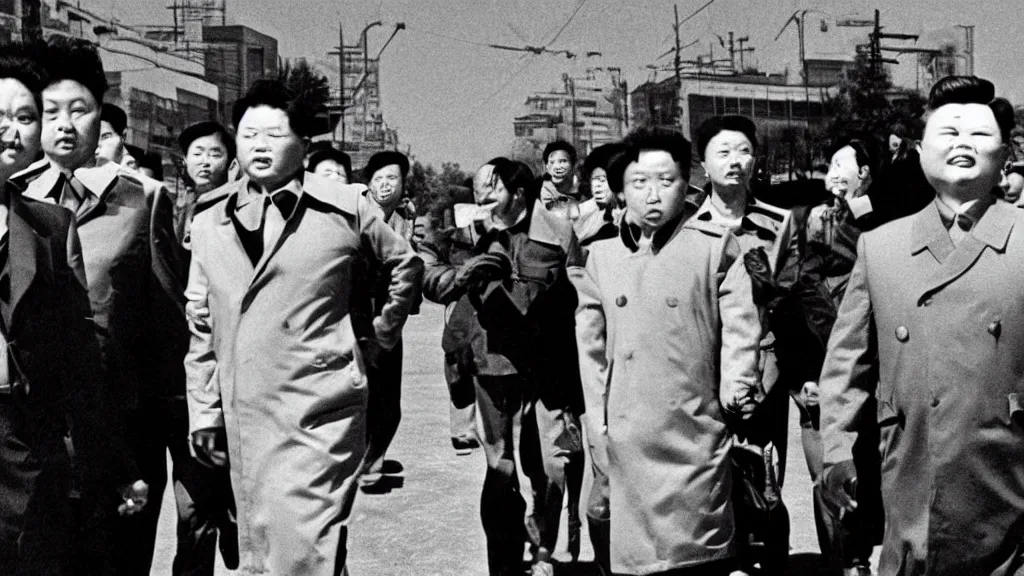 Image similar to kim jong - il walking in 1 9 6 0 s pyongyang, film noir thriller in the style of orson welles and andrei tarkovski